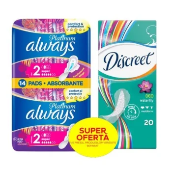 ALWAYS ABSORBANTE 14BUC PLATINUM SUPER+DISCREET ABSORBANTE ZILNICE 20BUC DEO WATERLILY