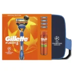 Set UEFA Champions League Special Edition Gillette Fusion5: Aparat de ras, maner + 4 rezerve, Gel de ras Sensitive cu ulei de migdale 200 ml